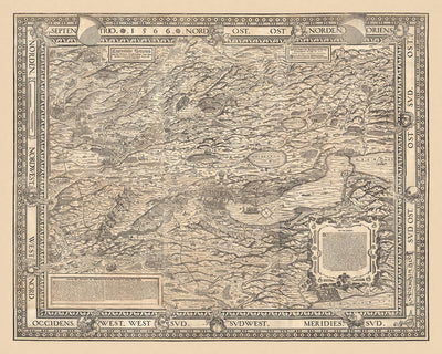 Mapa antiguo ilustrado de Zúrich, realizado por Murer en 1566: Zúrich, Winterthur, lago de Zúrich, montañas y puntos de referencia del viento