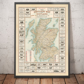 Mapa antiguo de las destilerías escocesas en 1902 por John Bartholomew - Whisky, Licores, Alcohol, Edimburgo, Glasgow