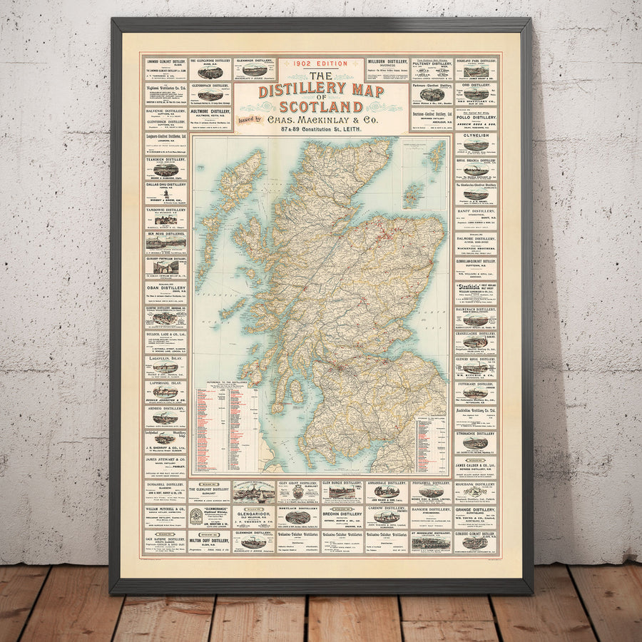 Alte Karte der schottischen Brennereien von 1902 von John Bartholomew - Whiskey, Spirituosen, Alkohol, Edinburgh, Glasgow 