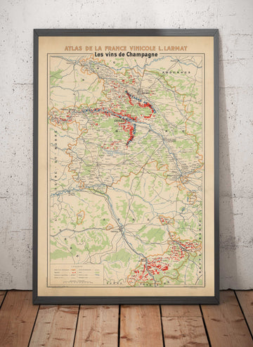 Mappa del vecchio vigneto di Champagne, Francia, 1944 di Louis Larmat - Reims, Epernay, Troyes, Chateau-Thierry, Bar-Sur-Seine 