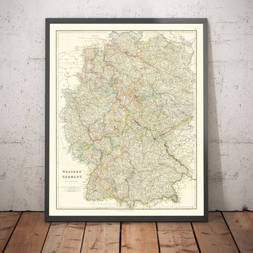 Old Map of Western Germany by John Arrowsmith in 1862 - Berlin, Munich, Stuttgart, Hanover, Nuremberg, Frankfurt