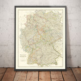Old Map of Western Germany by John Arrowsmith in 1862 - Berlin, Munich, Stuttgart, Hanover, Nuremberg, Frankfurt