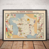 Ancienne carte des vignobles de France "La France Vinicole", 1939 - Bordeaux, Bourgogne, Champagne, Côtes Du Rhône, Bergeracois