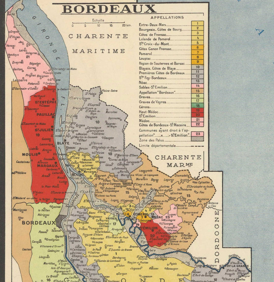 Alte Karte der Weinbaugebiete in Frankreich "La France Vinicole", 1939 - Bordeaux, Bourgogne, Champagne, Côtes Du Rhône, Bergeracois 