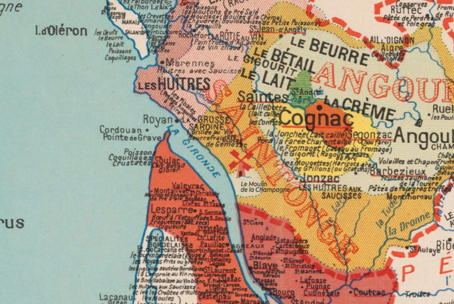 Alte gastronomische Karte von Frankreich im Jahr 1932 von Alain Bourguignon - Französisches Essen, Michelin, Champagner, Bordeaux, Butter, Käse usw. 