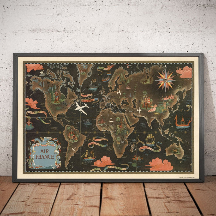 Alte Air France Weltkarte, 1947 von Lucien Boucher - Große Flugrouten-Wandkarte - Historische Fluggesellschaft Kunst 