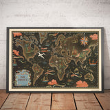 Old Air France World Map, 1947 by Lucien Boucher - Large Aircraft Route Wall Chart - Historical Airline Art