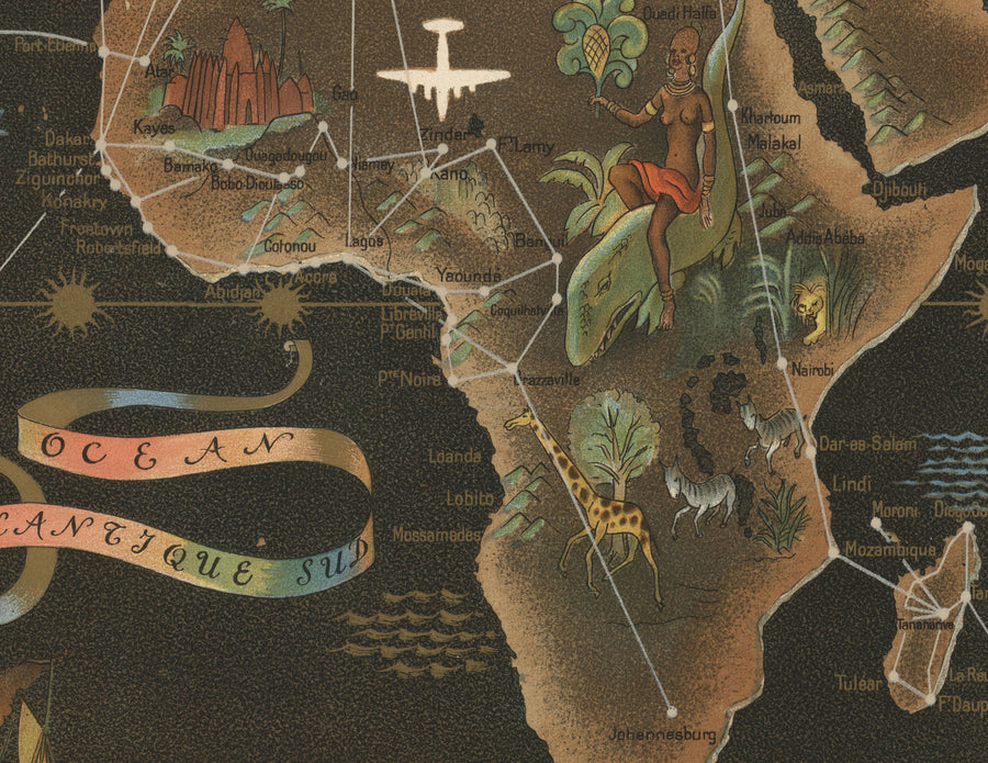 Alte Air France Weltkarte, 1947 von Lucien Boucher - Große Flugrouten-Wandkarte - Historische Fluggesellschaft Kunst 