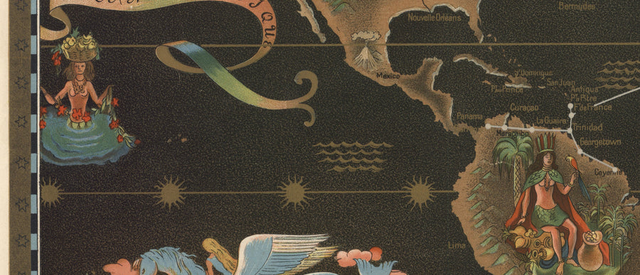 Alte Air France Weltkarte, 1947 von Lucien Boucher - Große Flugrouten-Wandkarte - Historische Fluggesellschaft Kunst 