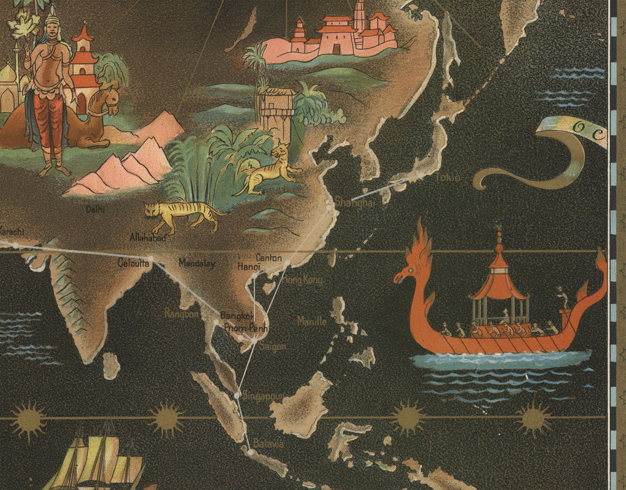 Alte Air France Weltkarte, 1947 von Lucien Boucher - Große Flugrouten-Wandkarte - Historische Fluggesellschaft Kunst 