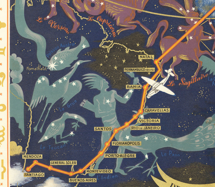 Alte Air France Zodiac-Weltkarte, 1939 von Lucien Boucher - Historische Flugzeugroute Himmelswandkarte 