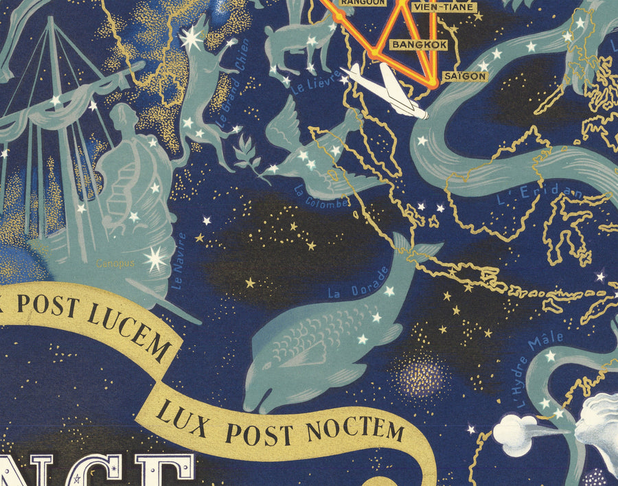 Alte Air France Zodiac-Weltkarte, 1939 von Lucien Boucher - Historische Flugzeugroute Himmelswandkarte 