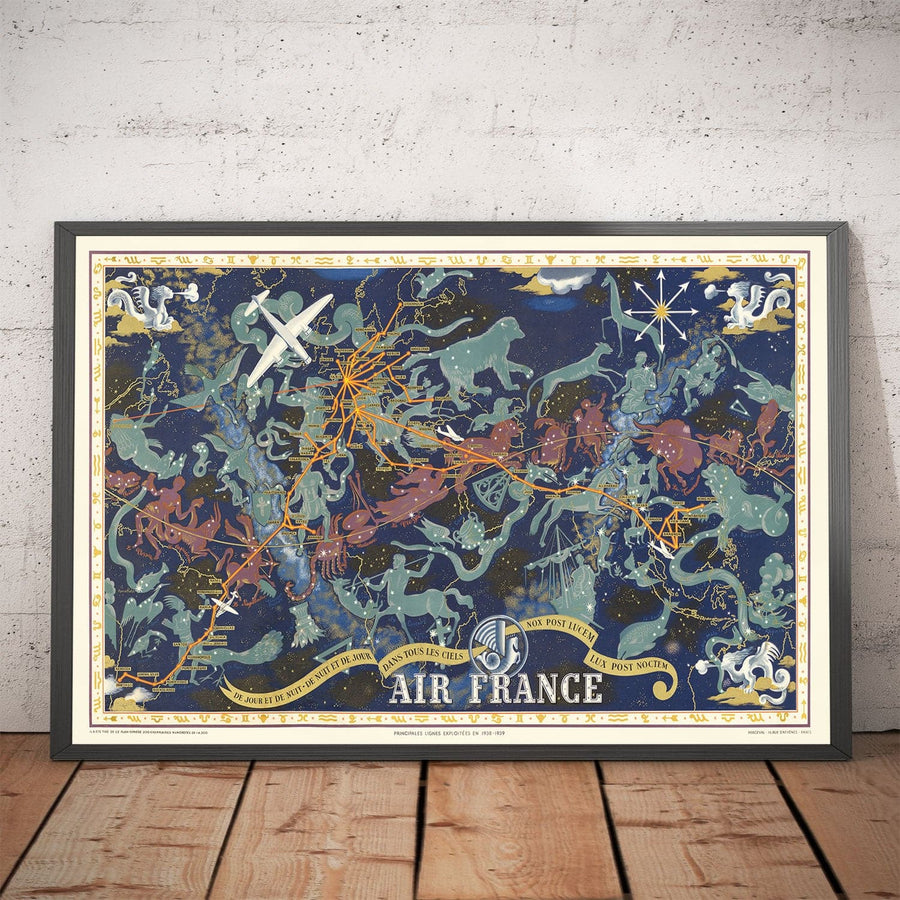 Alte Air France Zodiac-Weltkarte, 1939 von Lucien Boucher - Historische Flugzeugroute Himmelswandkarte 