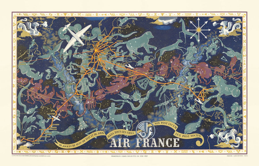 Alte Air France Zodiac-Weltkarte, 1939 von Lucien Boucher - Historische Flugzeugroute Himmelswandkarte 