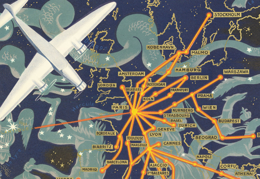 Alte Air France Zodiac-Weltkarte, 1939 von Lucien Boucher - Historische Flugzeugroute Himmelswandkarte 