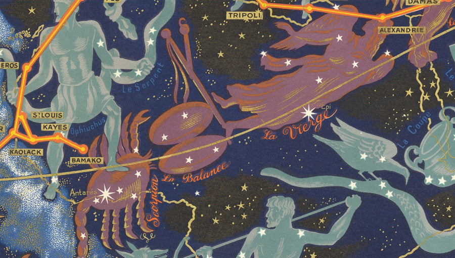 Alte Air France Zodiac-Weltkarte, 1939 von Lucien Boucher - Historische Flugzeugroute Himmelswandkarte 