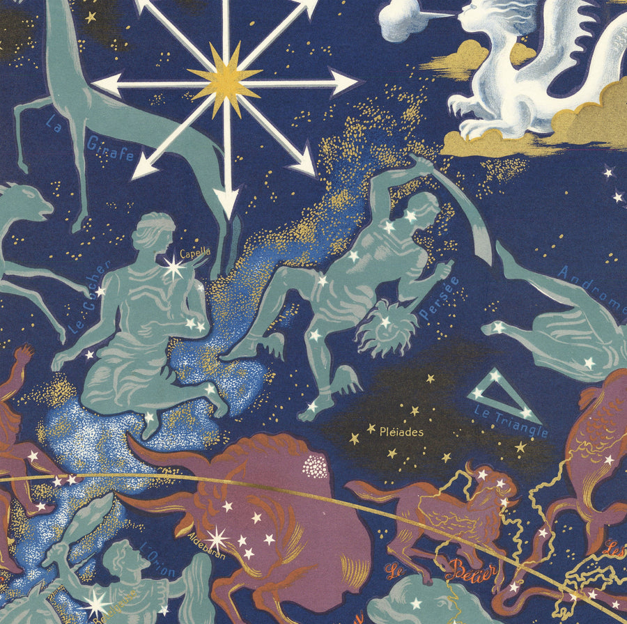 Alte Air France Zodiac-Weltkarte, 1939 von Lucien Boucher - Historische Flugzeugroute Himmelswandkarte 