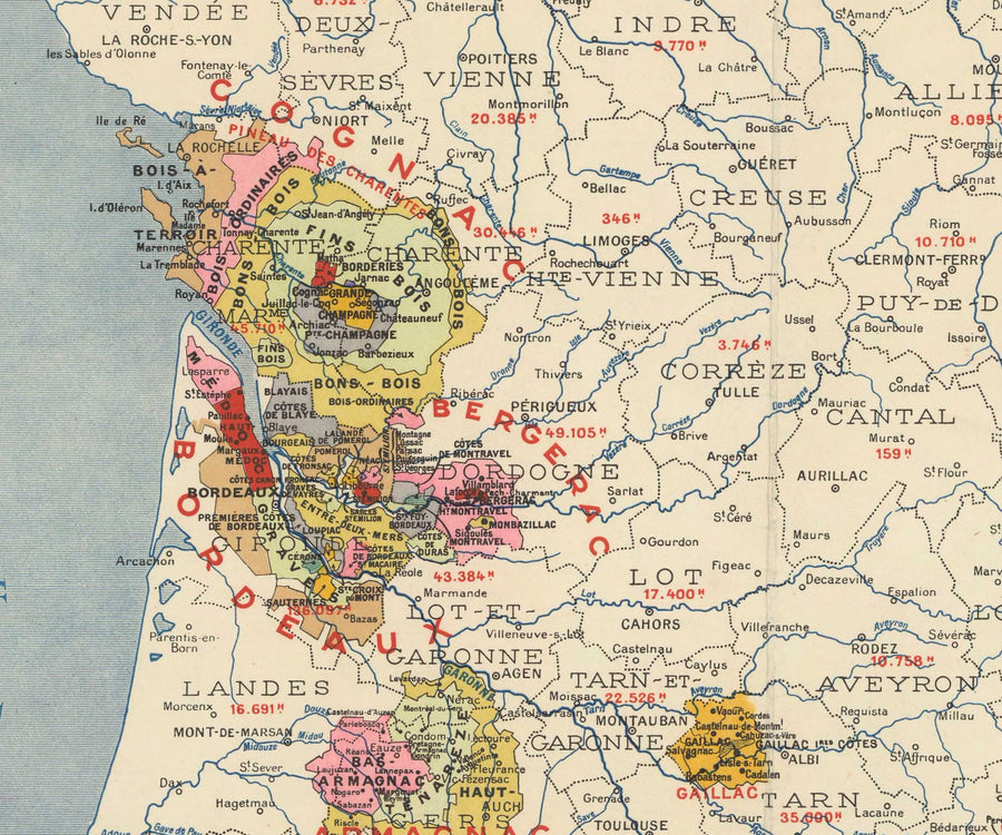 Alte Karte der Weinbaugebiete in Frankreich "La France Vinicole", 1939 - Bordeaux, Bourgogne, Champagne, Côtes Du Rhône, Bergeracois 