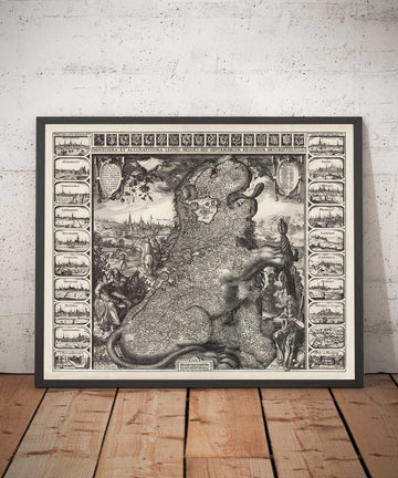 Antigua mapa de Leo Belgicus de los Países Bajos en 1611 por C. Janszoon Visscher - Países Bajos, Bélgica, Bruselas, Ámsterdam, Genk 