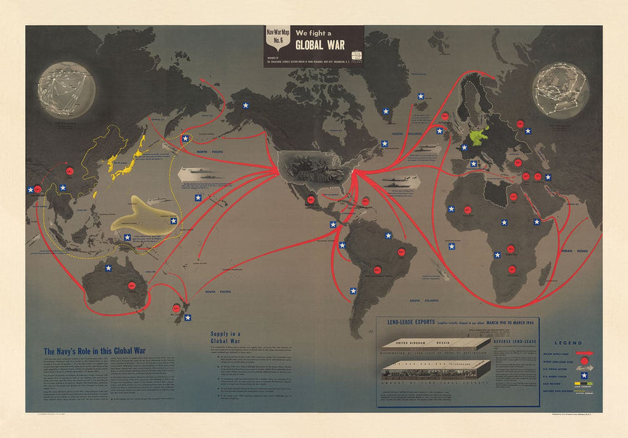 NavWarMap Nr. 6 - Alte Weltkrieg 2 Karte, 1944 - US Navy Bildungs- & Propagandakarte - Maritime Alliierte gegen Nazi-Wandkarte 