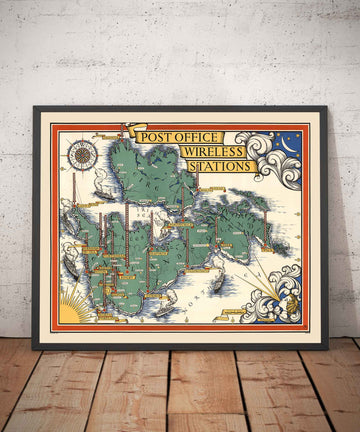Alter bildlicher Plan der Drahtlosen Stationen der Post von Macdonald Gill im Jahr 1939 - Britische Inseln, GPO, Radio, Fernsehen, Telegramm 
