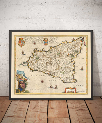 Mapa antiguo de Sicilia en 1640 por Willem Blaeu - Palermo, Catania, Marsala, Mediterráneo, Messina