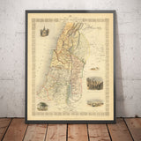 Mapa antiguo de la antigua Palestina en 1851 - Tierra Santa, Canaán, Jerusalén, Judea, Samaria, Galilea, Israel, Cisjordania, Gaza