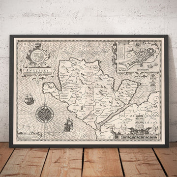 Old Monochrome Carte of Anglesey, Pays de Galles, 1611 par John Speed ​​- Holyhead, Llanfairpwllgwyngyll, Bangor