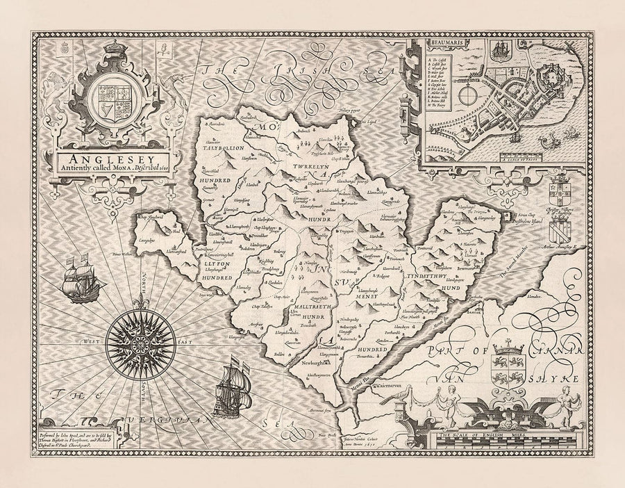 Old Monochrome Carte of Anglesey, Pays de Galles, 1611 par John Speed ​​- Holyhead, Llanfairpwllgwyngyll, Bangor