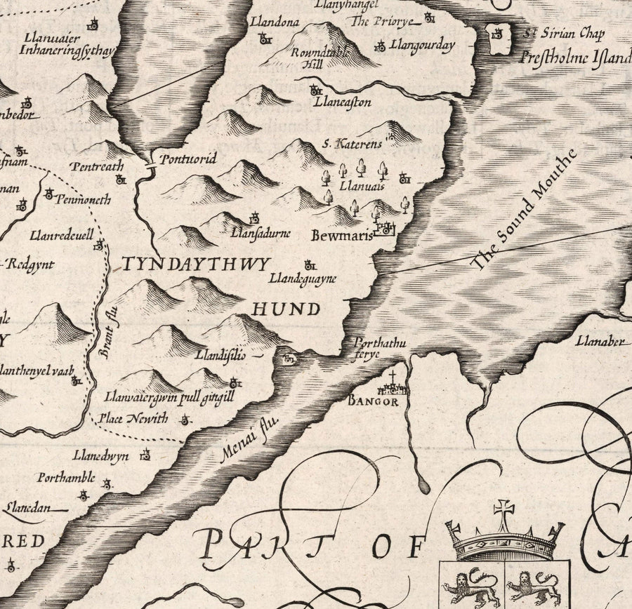 Old Monochrome Carte of Anglesey, Pays de Galles, 1611 par John Speed ​​- Holyhead, Llanfairpwllgwyngyll, Bangor