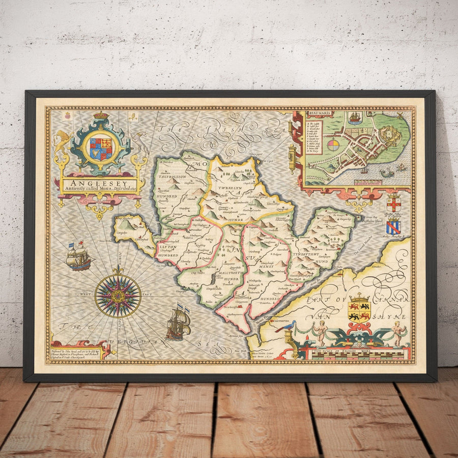 Ancienne carte de Anglesey Wales, 1611 par John Speed ​​- Holyhead, Llanfairpwllgwyngyll, Bangor