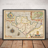 Viejo mapa de Anglesey Wales, 1611 de John Speed ​​- Holyhead, Llanfairpwllgwyngyll, Bangor
