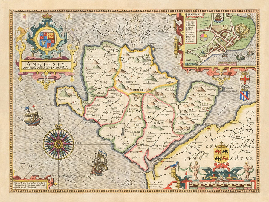 Ancienne carte de Anglesey Wales, 1611 par John Speed ​​- Holyhead, Llanfairpwllgwyngyll, Bangor
