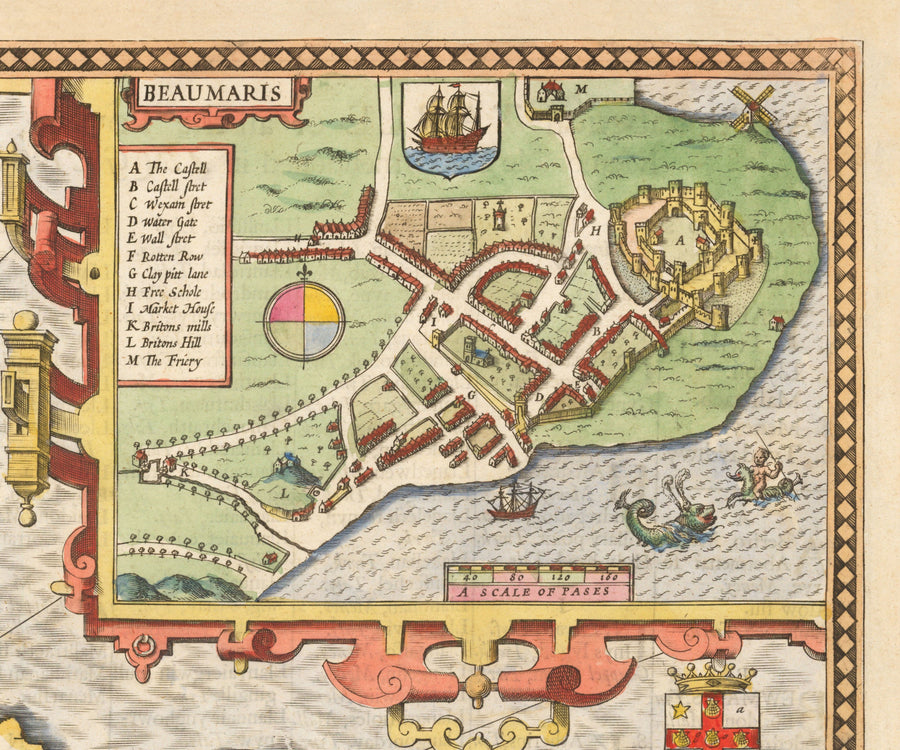 Ancienne carte de Anglesey Wales, 1611 par John Speed ​​- Holyhead, Llanfairpwllgwyngyll, Bangor