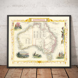 Old Map of Australia and Tasmania, 1851, by Tallis & Rapkin - Sydney, Melbourne, Perth