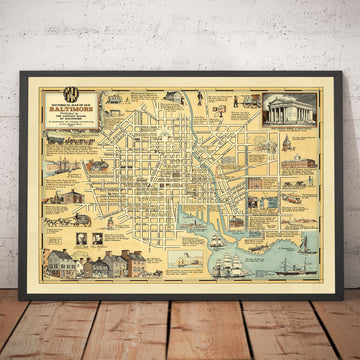 Alte historische Karte von Baltimore im Jahr 1954 von Edward Tunis - Innenstadt, Johnstown, Little Italy, Otterbein, Hafen von Baltimore 