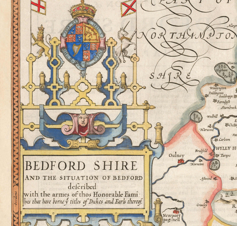 Ancienne carte du Bedfordshire 1611 par John Speed - Bedford, Luton, Dunstable, St Neots, Leighton Buzzard