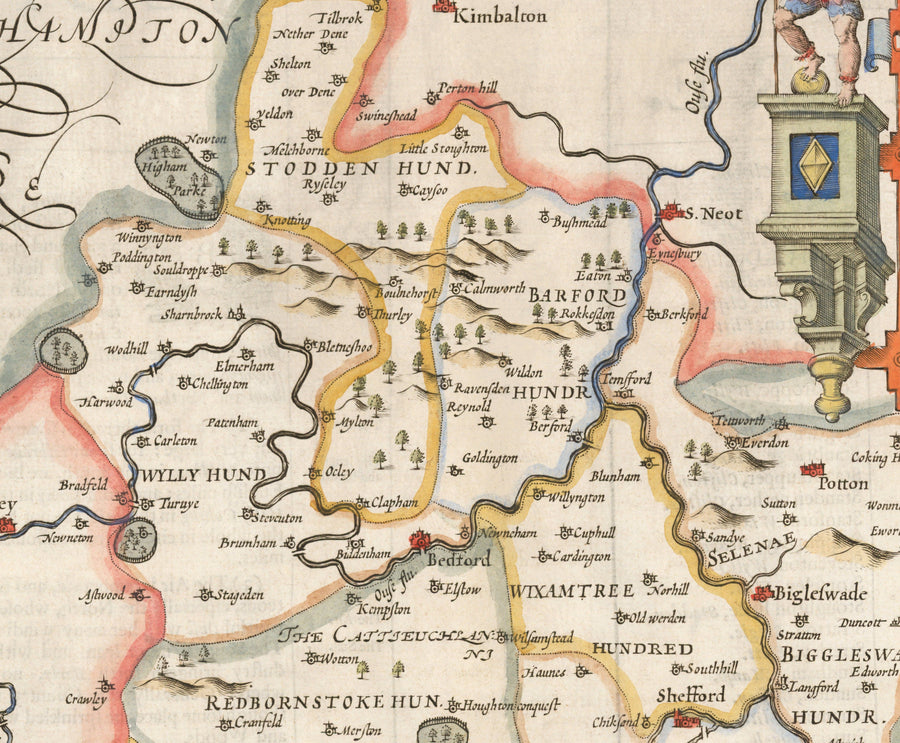 Ancienne carte du Bedfordshire 1611 par John Speed - Bedford, Luton, Dunstable, St Neots, Leighton Buzzard