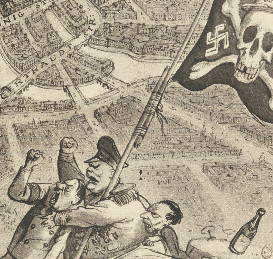 Mapa antiguo de Berlín, 1939 por Rex Whistler - Propaganda satírica de la Segunda Guerra Mundial - Hitler, Goebbels, Querubs, Diosa Britannia