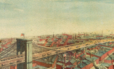Antigua vista de pájaro del puente de Brooklyn en 1883 - Gran puente colgante, Nueva York, East River, Brooklyn Tower