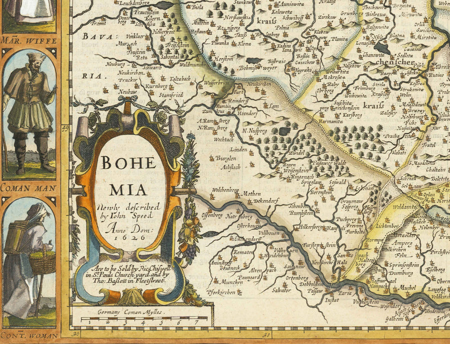 Antica mappa della Boemia del 1626 di John Speed - Repubblica Ceca, Praga, Baviera, Moravia, Europa centrale 
