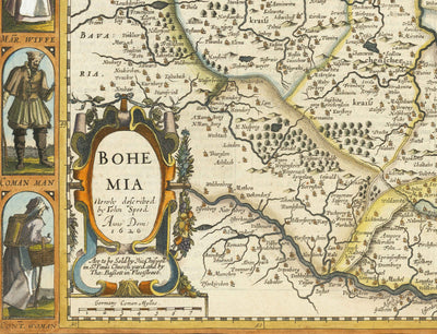 Antiguo mapa de Bohemia en 1626 por John Speed - Chequia, Praga, Baviera, Moravia, Europa Central