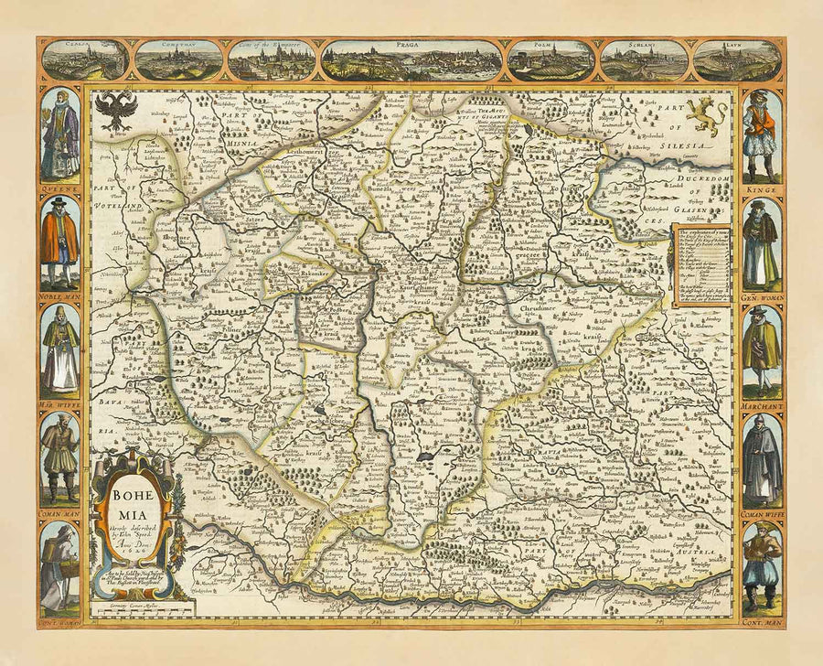 Antica mappa della Boemia del 1626 di John Speed - Repubblica Ceca, Praga, Baviera, Moravia, Europa centrale 