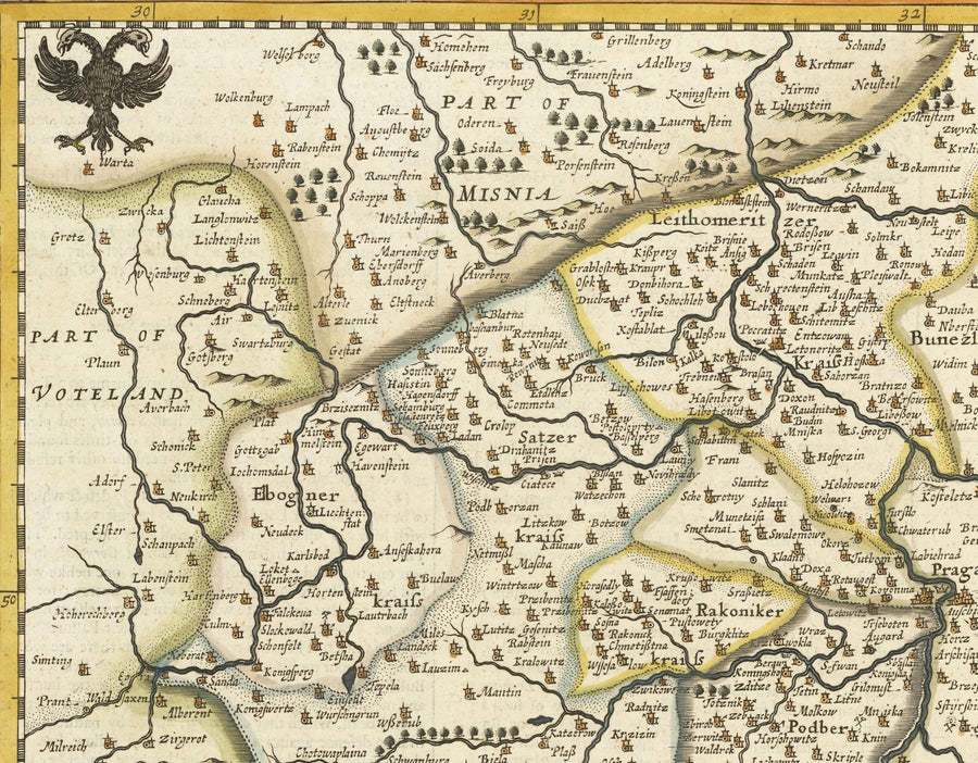 Antica mappa della Boemia del 1626 di John Speed - Repubblica Ceca, Praga, Baviera, Moravia, Europa centrale 