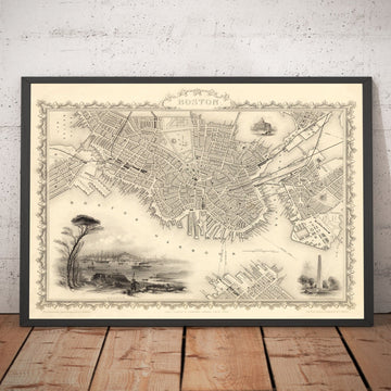 Mappa antica di Boston, Massachusetts nel 1851 di Tallis & Rapkin 