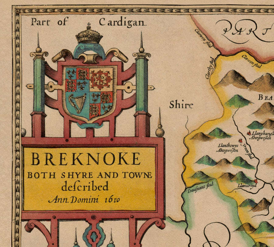 Ancienne carte de Brecon Wales, 1611 par John Speed - Beacons, Crickhowell, Powys, Trecastle