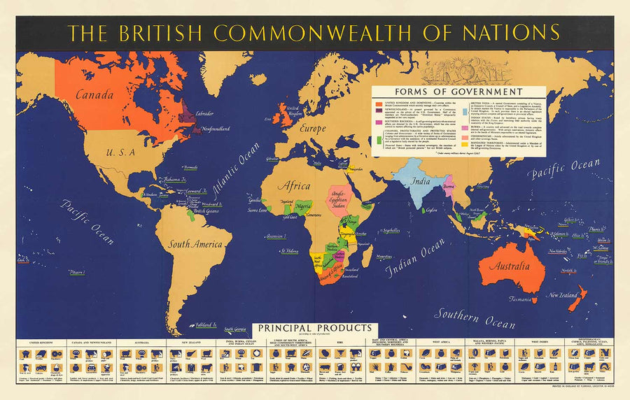 Vieux-Britanniques Commonwealth of Nations World Carte, 1942 - Empire britannique, Royaume-Uni, Canada, Australie, Dominions, Inde, Afrique