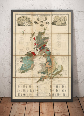 Ancienne carte géologique et fossile des îles britanniques, 1854, par A.K. Johnston et Edward Forbes - Royaume-Uni, Écosse, Irlande, Paléontologie