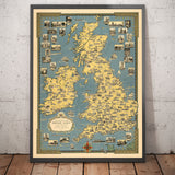Ancienne carte picturale des îles britanniques, 1939 par Ernest Dudley Chase - Points de repère illustrés, villes, cinq nations