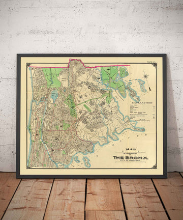 Antiguo mapa del Bronx en 1900 por Hyde and Co. - Ciudad de Nueva York, Parque de la Bahía de Pelham, Isla Hunter, Jardín Botánico, Río Harlem
